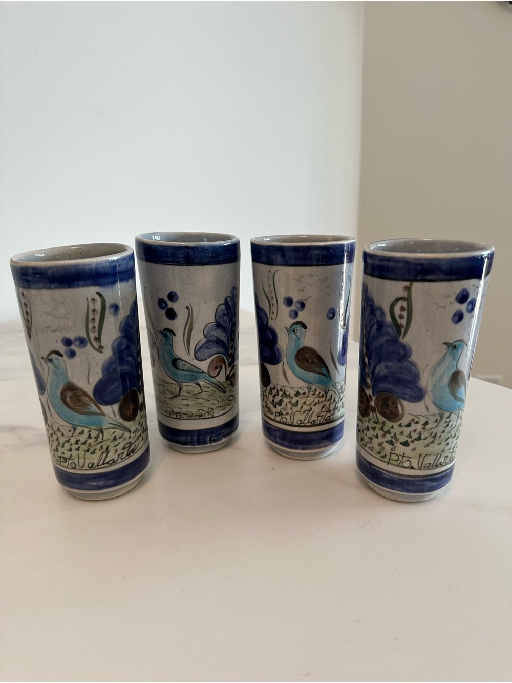 Vintage Tonala Hand Thrown & Painted Blue Bird Clay Tumblers- Set of 4